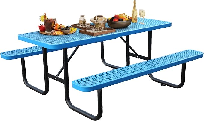 6FT Metal Picnic Tables for Outdoors, Commercial Rectangular Picnic Table and Bench Set for Outside, Patio, Garden, Backyard, Porch, Surface Mount, Blue