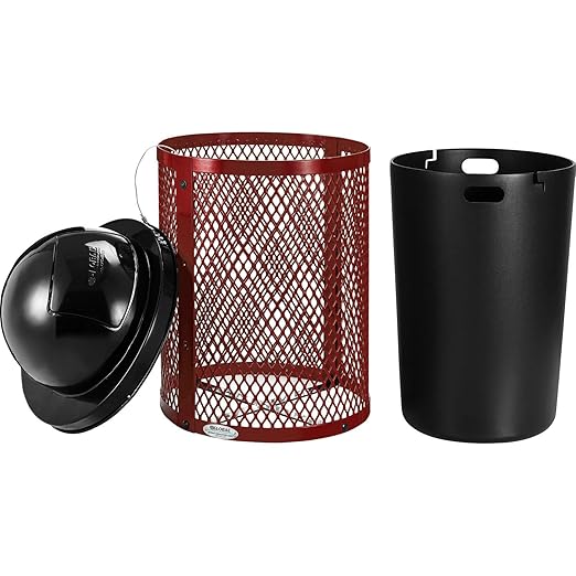Global Industrial 36 Gallon Outdoor Steel Trash Can with Dome Lid and Raised Base, Plastic Liner and Anchor Kit Included, 23-1/2" Diameter x 43" H, Powder Coat Finish, Unassembled, Red