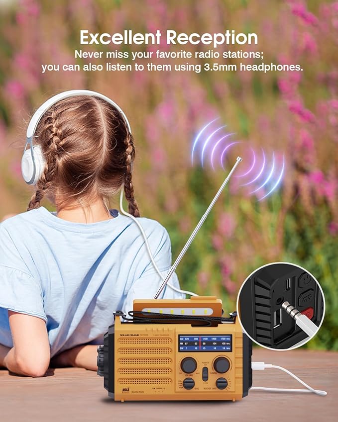 Emergency Weather Radio – 5-Way Powered NOAA Solar Hand Crank, AM/FM/SW, 18500mWh Power Bank, LED Flashlight, SOS Alarm – Portable Survival Radio for Power Outages & Storms (Yellow)