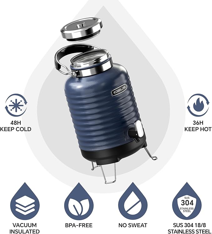 IDEUS Insulated Beverage Dispenser 5.2L, All-in-one for Camping Vacuum Double-Wall Stainless Steel Water Cooler Coffee Carafe Jug Leakproof Drink Container with Handle, Spigot & Stand (Blue)