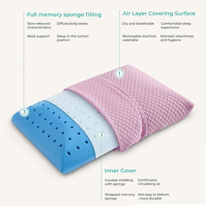 Travel Pillow Memory Foam Pillows, Camping Pillow-Compressible Medium Firm, Breathable Cover, Ideal Backpacking Hiking, Bed Pillows, Airplane and Car (Apricot Powder, L)