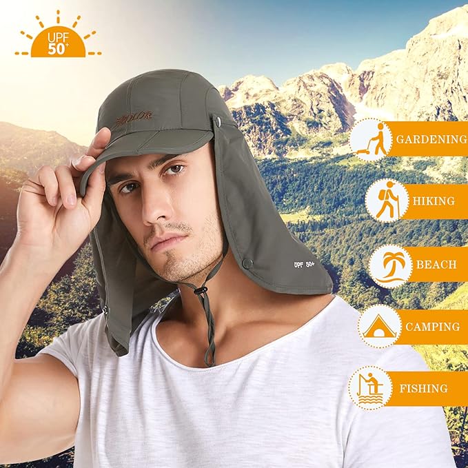 icolor Sun Hats for Men Women with Neck Flap,Foldable Sun Cap Fishing Sun Hats,UPF50+ Sun Protection Ponytail Hats