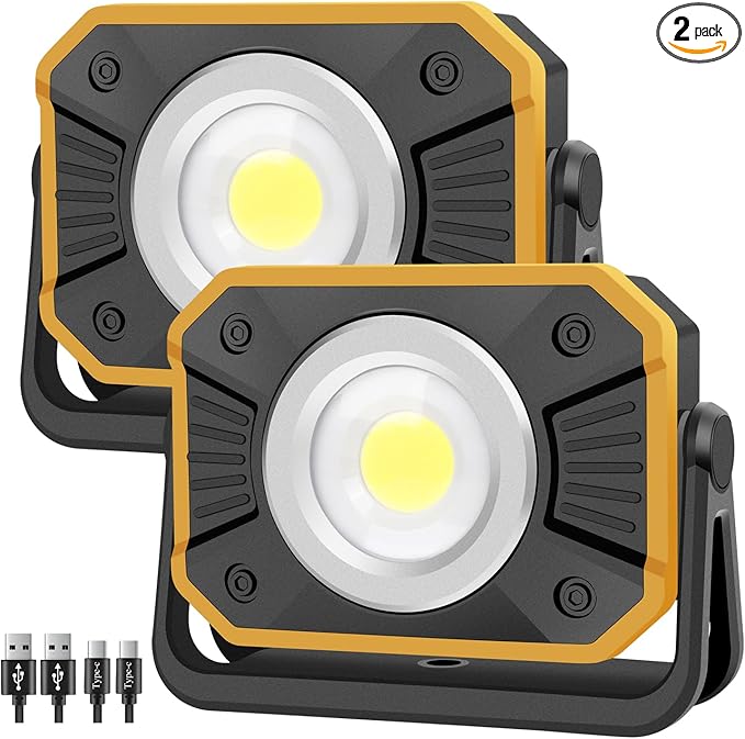 Sunzone Rechargeable LED Work Light,Portable Flood Light with Magnetic Base,Super Bright Waterproof Job Site Lighting for Camping,Hiking,Car Inspection with Emergency Mode(2 Pack)