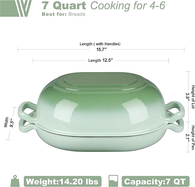Enameled Cast Iron Sourdough Bread Oven, Dutch Oven, Loaf Cast Iron Bread Pan for Homemade Bread Baking, Meatloaf Pan with Lid, 7QT, Green