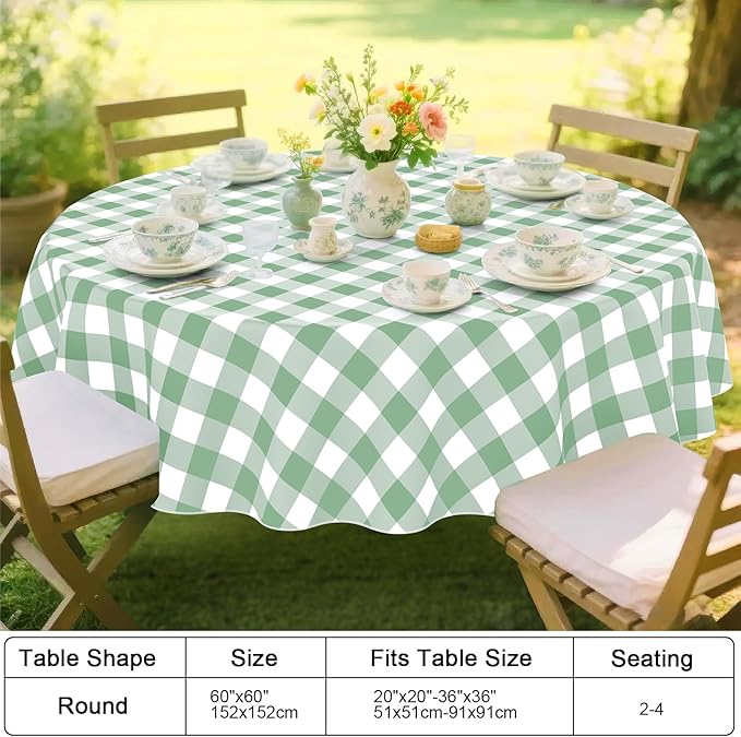 Smiry Round Plastic Table Cloth, Waterproof Vinyl Tablecloth with Flannel Backing, Wipeable Buffalo Plaid Table Cover for Dining, Indoor and Outdoor (Sage Green & White, 60" Round)