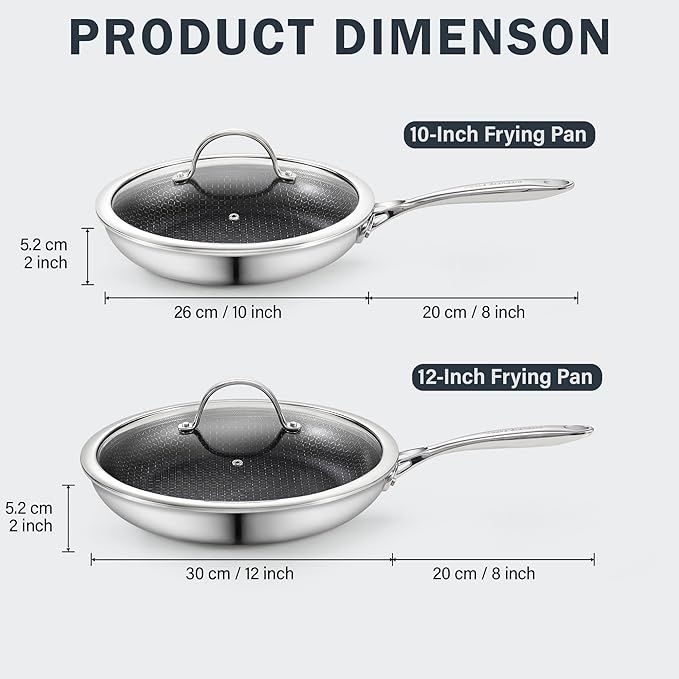 Cooks Standard Hybrid Nonstick Frying Pan Set, 10 and 12-Inch Multi-Ply Clad Stainless Steel 2 Piece Skillet with Tempered Glass Lids, Oven Safe, Compatible with All Stovetops