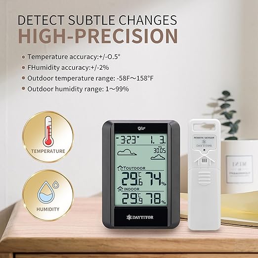 Outdoor Thermometer Wireless Weather Station Temperature and Humidity Monitor, Thermometers with 330ft Range Remote Sensor and Backlight Display Outdoor Thermometer Waterproof,Black