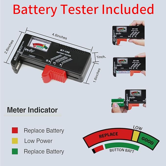 Battery Organizer Storage Case with Tester,Clear Batteries Storage Organizers Holds, Just The Right Size Slot with stable handle,Holds 57 Batteries Various Sizes（Batteries are Not Included）(Red)