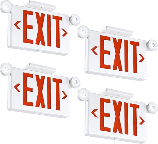 Gruenlich Exit Signs with Emergency Lights, 2 Adjustable LED Head with Battery Backup, 94V-0 Fire Resistant, AC 120/277V, Hardwired Commercial Emergency Light Combo for Business, 4 Pack