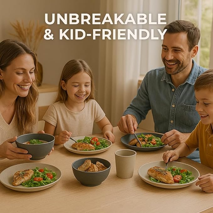 Fern & Soul Wheat Straw Dinnerware Sets, Dish Set for 8, 24 pcs with Storage Bag. Unbreakable, Dishwasher Safe, Kitchen Plates Bowls Sets, College Dorm, RV Camping Dishes Plate Set (Charcoal)