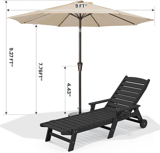 SERWALL Patio Chaise Lounge Chair Set of 2 with 9FT Patio Umbrella, 78'' HDPE Outdoor Lounger 5 Positions Adjustable, Poly Lounge Chair with Rolling Wheels & Cup Holder for Pool,Obsidian Black