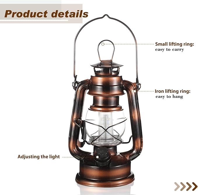 Hortsun 4 Pieces 8 Inch Vintage LED Hurricane Lantern 12 Warm LEDs and Dimmer Switch Battery Operated Farmers Hanging Lantern for Indoor Outdoor Camping Usage Decor