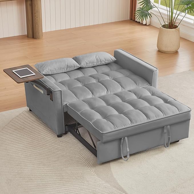 53.14" Convertible Sleeper Sofa Bed with Swivel Table, Adjustable Backrest & Side Pocket, Pull-Out Velvet Loveseat Futon for Small Spaces, Easy Assembly, 3-in-1 Couch Bed for Living Room