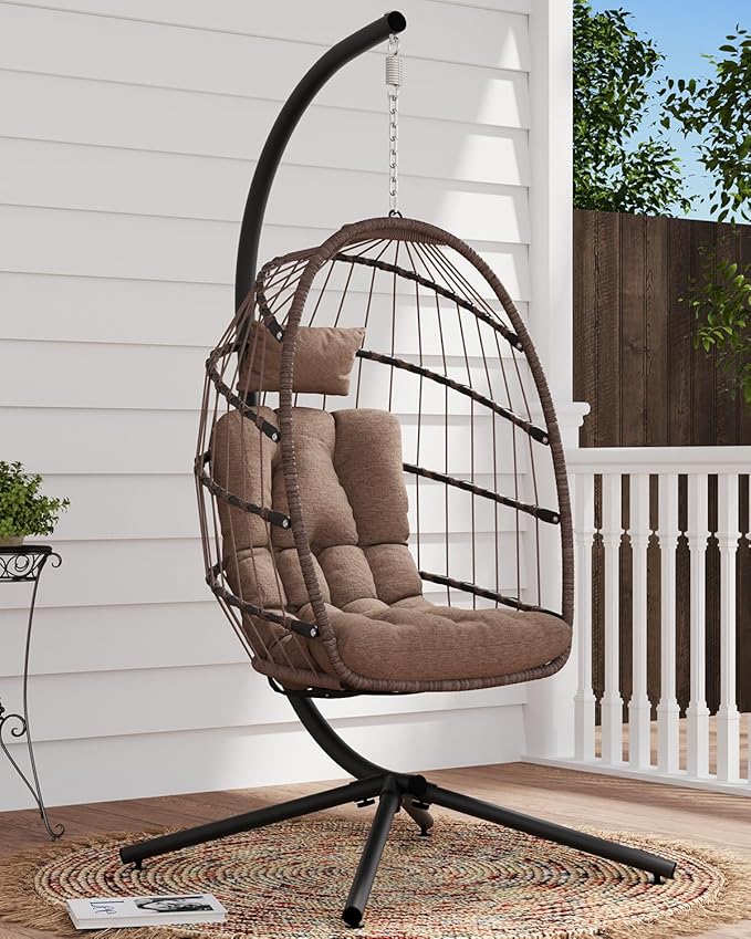 SWITTE Egg Chair Outdoor with Stand, Indoor Wicker Hanging Egg Swing Chair with Cushion, 350lbs Capacity for Patio, Bedroom, Garden - Brown