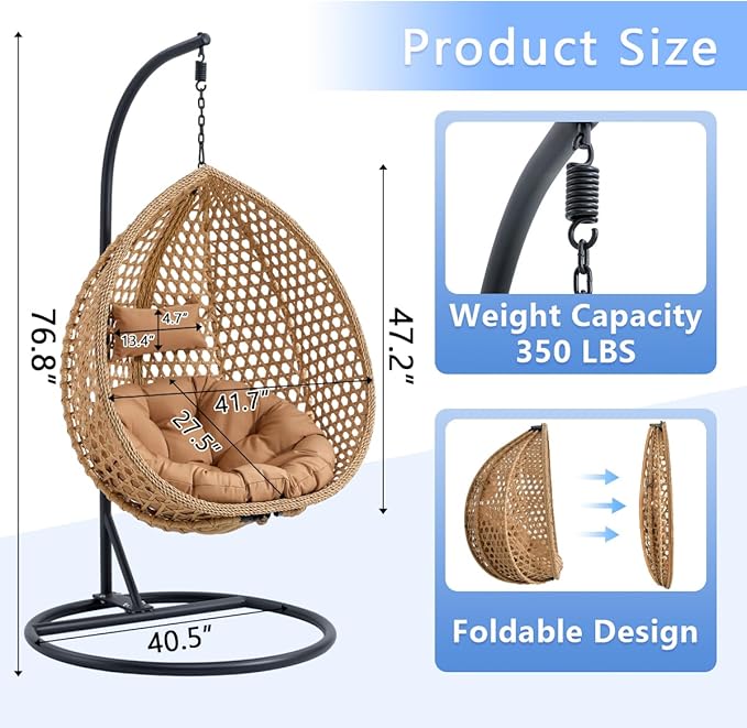 JUFU Egg Swing Chair with Stand,Hanging Egg Chair Indoor Outdoor,Hammock Hanging Basket Chair with Aluminum Steel Frame，Patio Egg Chair with Removable Cushions for Patio Balcony Backyard,Bedrooms