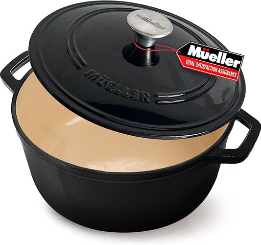 MÜELLERHOME 6 Quart Enameled Cast Iron Pot Dutch Oven, Heavy-Duty Oven-Safe up to 500° F, & Across All Cooktops, Casserole Dishes for Ovens, Bread Pan with Lid and Knob, Cast Iron Cookware, Black