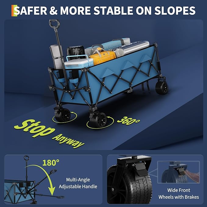 Heavy Duty Foldable Wagon for Beach, Extra Large Collapsible Foldable Wagon for Camping, All Terrain Beach Wagons Extended with Cup Holders for Sand