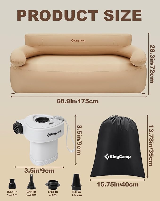 KingCamp Double Inflatable Couch with Electric Air Pump, 2-Person Camping Sofa with Eco PVC Liner, Footrest, Pegs, Repair Kit & Quick-Fill Pump for Outdoor, Tent, Travel