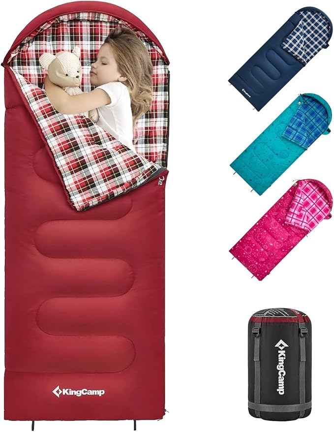 KingCamp 45° F Kids Sleeping Bag, Lightweight Waterproof & Compact Flannel Sleeping Bags Cold Weather & Warm Youth Essentials Gear Accessories for Camping, Fits 10-12 Children up to 5'5" Tall