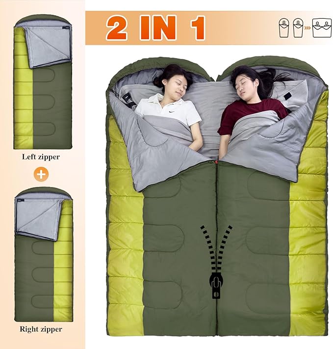 XL 10 Degree Sleeping Bags Waterproof for Adults 350GSM Machine Washable with Compression Sack for 3-4 Season Camping Outdoor