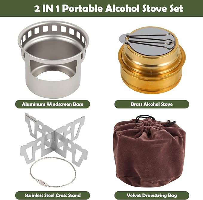 2 In 1 Mini Alcohol Stove For Camping, Portable Alcohol Burner With Stainless Steel Cross Stand, Storage Bag, Lightweight Tiny Brass Stove For Backpacking Emergency Outdoor Coffee