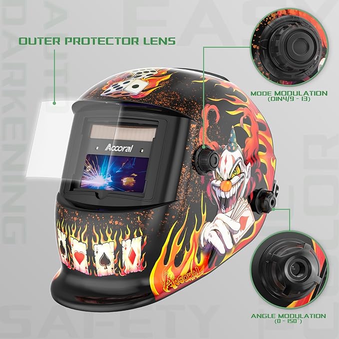 1/1/1/1 Large Viewing Auto Darkening Welding Helmet True Color Solar Powered Weld Hood Wide Shade 4/8.5-12.5 for TIG MIG Arc