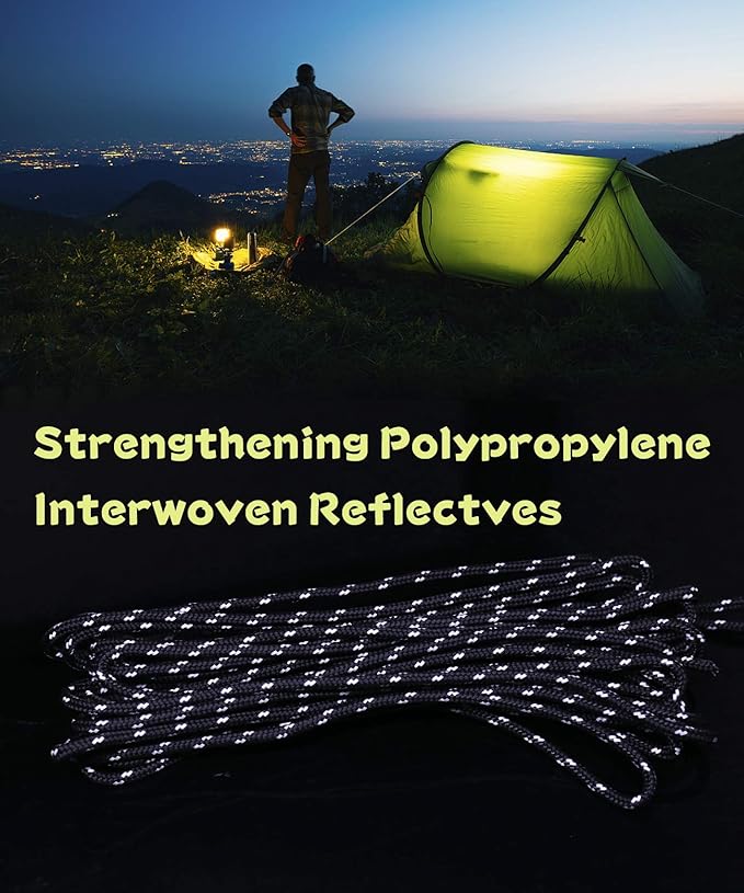 Hikeman 4 Pack Camping Rope with Locking Carabiner Clip,4mm Reflective Guy Lines with Triangular Guyline Adjuster Tensioner,Nylon Cord for Tent Tarp Tie Down,Hiking,Backpacking (White)