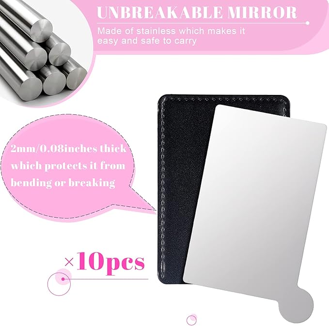 Jetec 10 Pieces Pocket Compact Mirrors Mini Mirror for Purse Wallet Small Handheld Stainless Steel Unbreakable with PU Leather Case for Men Women Travel Camp Signal Makeup(Black)