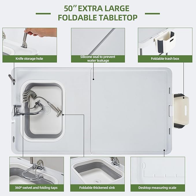 AHB 50" Folding Outdoor Fish Cleaning Table with Sink, Camping Kitchen Station Collapsible Faucet & Stainless Sprayer with 4pcs Fish Cleaning Kit for Camping, Picnic, Beach & Patio