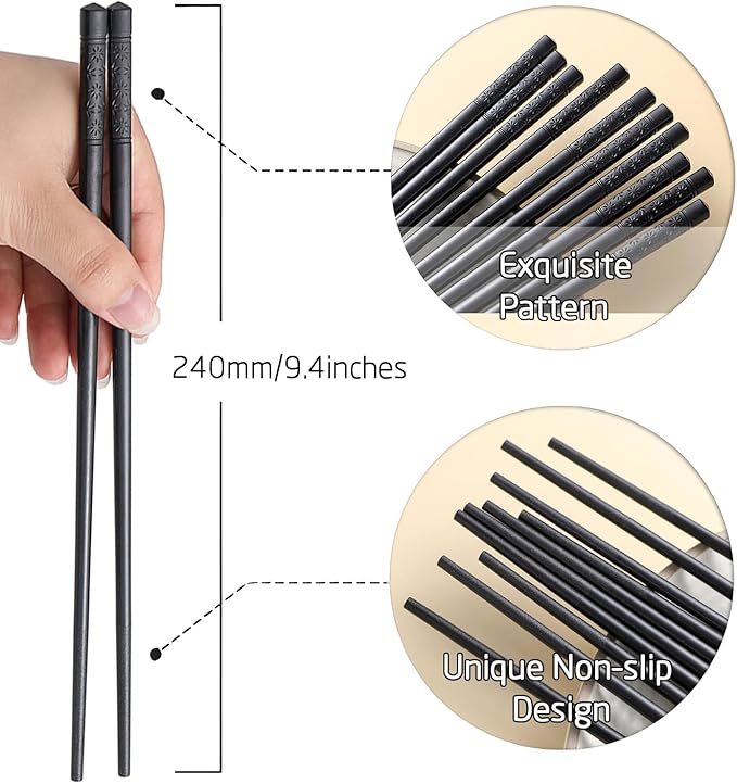 200 Pairs Fiberglass Chopsticks Reusable Chopsticks Dishwasher Safe 9.4 Inches/24cm Non-Slip Japanese Style Sushi Chop Sticks, Black