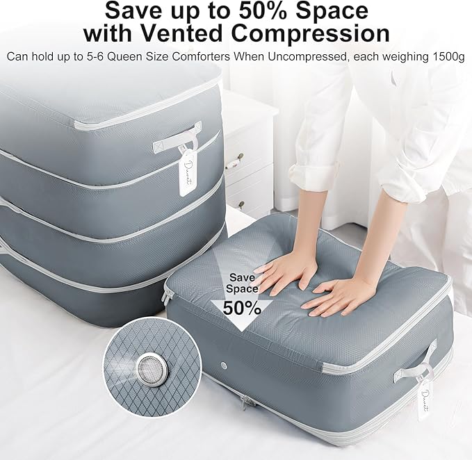 Comforter Storage Bag - 130L Large Capacity Blanket Storage Bags 4-Layer Ultra Space Saving Self Compression Organizer, Washable Compression Bags for Storage Comforter Blanket, 4-Pack, Grey