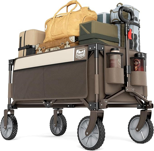 TIMBER RIDGE Collapsible Outdoor Folding Wagon Cart Heavy Duty Camping Patio Shopping Garden Cart with Side Bag Cup Holder, Tan