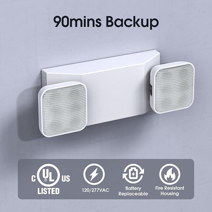 Led Emergency Light with Two Adjustable Head Integrated Commercial Emergency Lighting Battery Backup exit Light, Contractor Select, AC 120/277V (6 Pack)