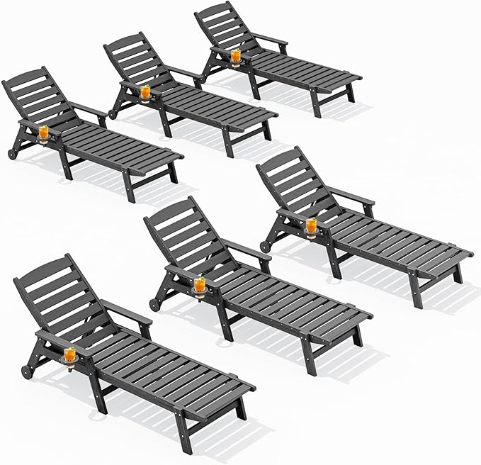SERWALL Patio Chaise Lounge Chair Set of 6, 5 Positions Adjustable Poly Outdoor Lounge Chair for Pool, HDPE Lounge Chair with Rolling Wheels & Cup Holder for Poolside, Deck, Slate Gray