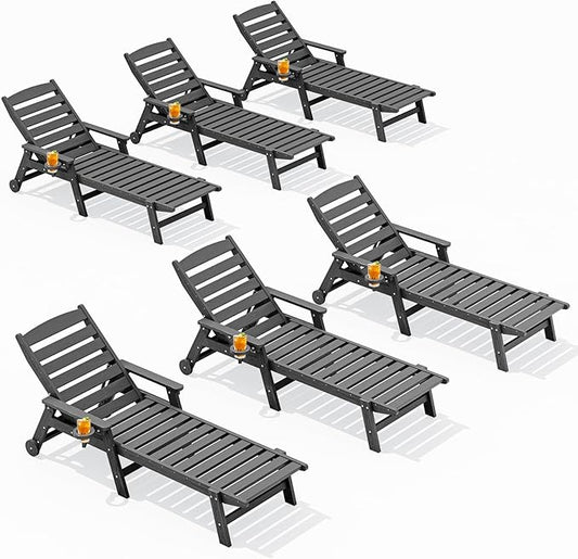 SERWALL Patio Chaise Lounge Chair Set of 6, 5 Positions Adjustable Poly Outdoor Lounge Chair for Pool, HDPE Lounge Chair with Rolling Wheels & Cup Holder for Poolside, Deck, Slate Gray