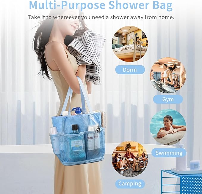 Mesh Shower Caddy Portable for College Dorm Room Essentials, Shower Tote Bag with Hanging Hook and Drawstring, Quick Dry Toiletry Bag with 6 Pockets for Bathroom, Swimming, Gym, Camping, Beach, Travel