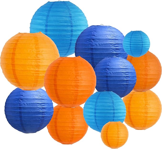 BEISHIDA 12Pcs Blue Orange Paper Lanterns Decorative Hanging Round Paper Lanterns Lamp for Birthday, Wedding,Bridal,Home Decor,Outdoor Decoration,Party Decoration