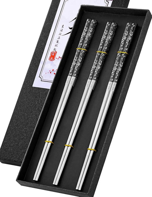 Metal Chopsticks Reusable, 3 Pairs Chop Sticks Reusable Dishwasher Safe, Titanium Plated Non-Slip Stainless Steel Chopsticks Present Set (Black Silver)