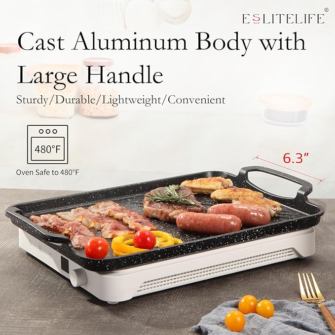 ESLITE LIFE 11" x 17" Nonstick Grill Pan for Indoor Cooking & Outdoor Grilling, Versatile 2-In-1 Induction Large Steak Pan for Stove Tops, PFOA Free, Black