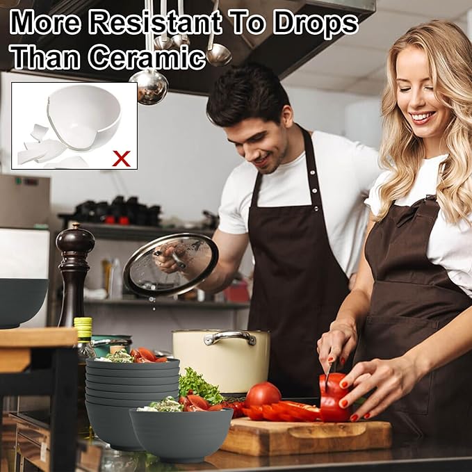 Hoimenly Wheat Straw Bowls, Unbreakable Cereal Bowl Set of 8, 26 OZ Bowls for Kitchen, Camping, Party, Microwave and Dishwasher Safe Bowls Set, Alternatives to Plastic Bowl(Dark Grey)