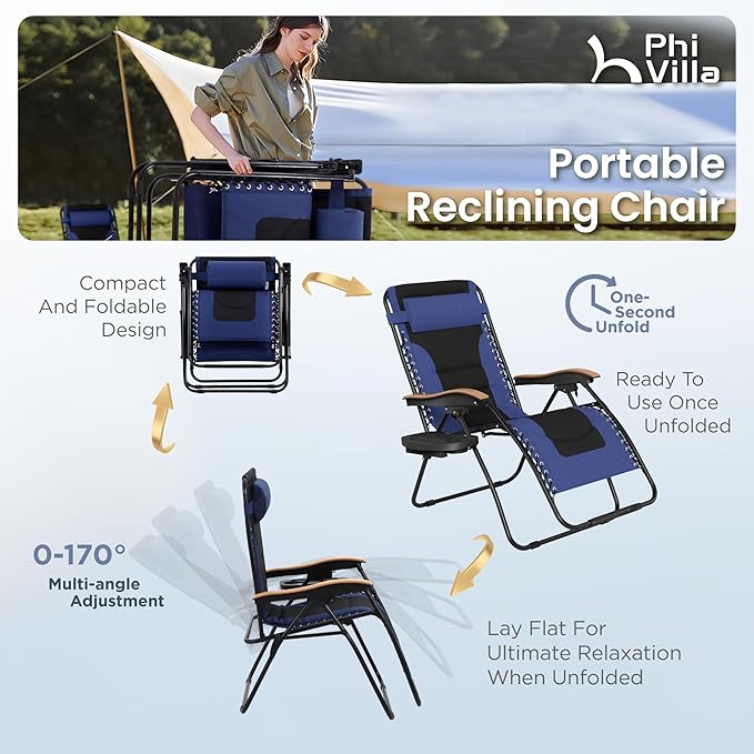 PHI VILLA XXL Oversized Padded Zero Gravity Chair, Foldable Patio Recliner, 30" Wide Seat Anti Gravity Lounger with Cup Holder, Set of 2, Support 400 LBS (Navy Blue)