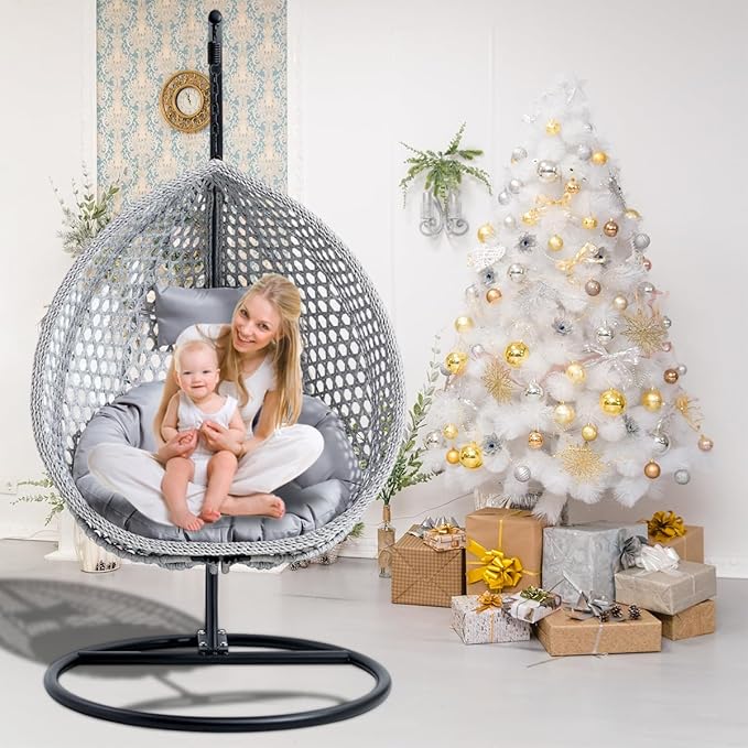 JUFU Egg Swing Chair with Stand,Hanging Egg Chair Indoor Outdoor,Hammock Hanging Basket Chair with Aluminum Steel Frame，Patio Egg Chair with Removable Cushions for Patio Balcony Backyard,Bedrooms