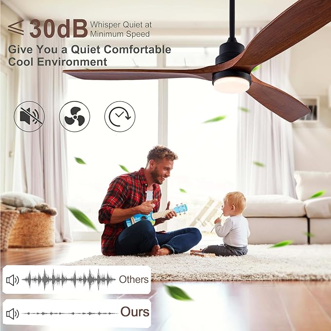 56" Wood Ceiling Fan with Light and Remote Control, Indoor Outdoor Wooden 3 Blades Ceiling Fan for Patio Living Room, Bedroom, Office,Reversible DC Motor(Black+Dark Walnut)