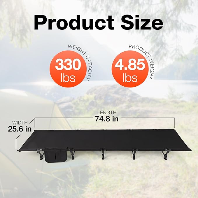 FAHKNS Lightweight Camping Cot, Ultralight Folding Bed for Camping, Hiking, Travel, Portable Compact for Outdoor Travel， Black