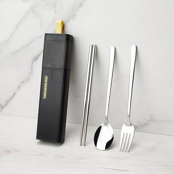 DEVICO Travel Utensils with Case, 18/8 Stainless Steel Reusable Silverware Set for Lunch Box, Portable Cutlery Set, Fork and Spoon Set for Camping, Lunch, Picnic, Workplace, School (Black)