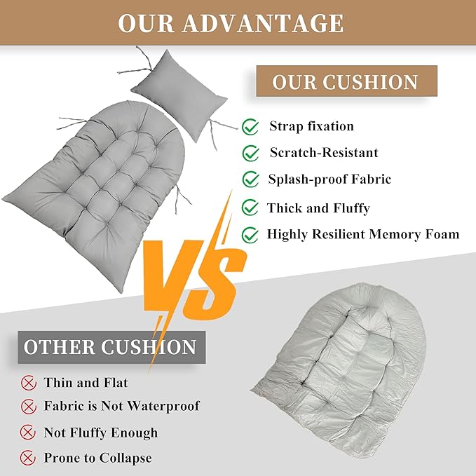 Thicken Hanging Basket Seat Cushion with Headrest, Hammock Swing Chair Cushions, Soft Egg Patio Chair Cushion with High Elasticity PP Cotton, for Indoor and Outdoor Garden Offices (with Pillow)