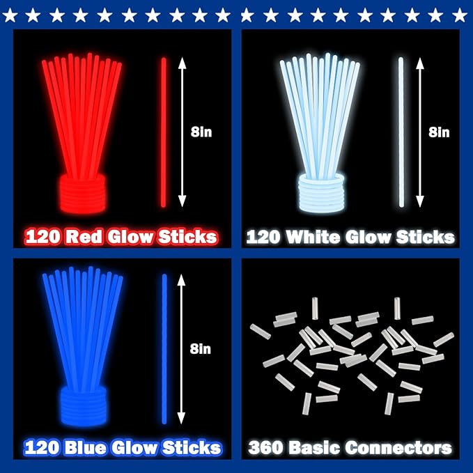 Wondrus Bulk Parade Throws Party Favors Supplies 360 PCS, Red White Blue Glow Sticks Toys Gifts, Neon Bracelets Necklaces USA Accessories for Kids Adults, Patriotic Decorations for Labor Veterans Day