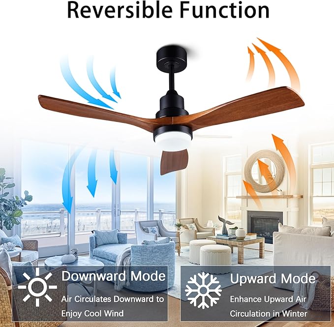 48" Wooden Ceiling Fans with Lighted Remote Control, Indoor Outdoor Wooden Ceiling Fan, Outdoor Modern Ceiling Fan with 3 Fan Blades for Patio, Living Room, Farmhouse, etc (Black + Walnut)