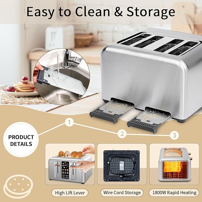 SEEDEEM Toaster 4 Slice, Full Touch control Toaster, LCD Display, 6 Bread Type, 7 Shade Settings, 1.4''Wide Slots，More Time Function, Removable Crumb Tray, 1800W, Silver Metallic