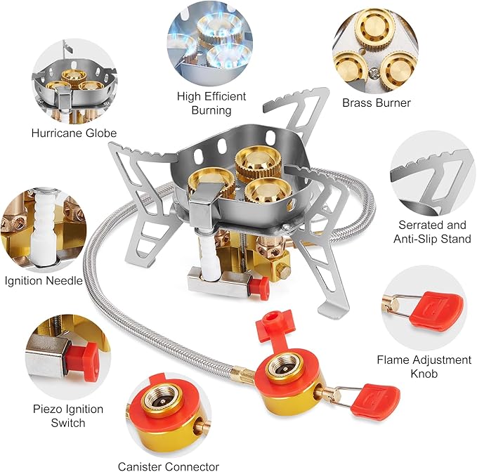 WADEO 6800W Windproof Camping Gas Stove, Small Camping Stove with Piezo Ignition, 1LB Propane Tank Adapter, Butane Adapter for Outdoor Cooking, Picnic, Camping and Hiking